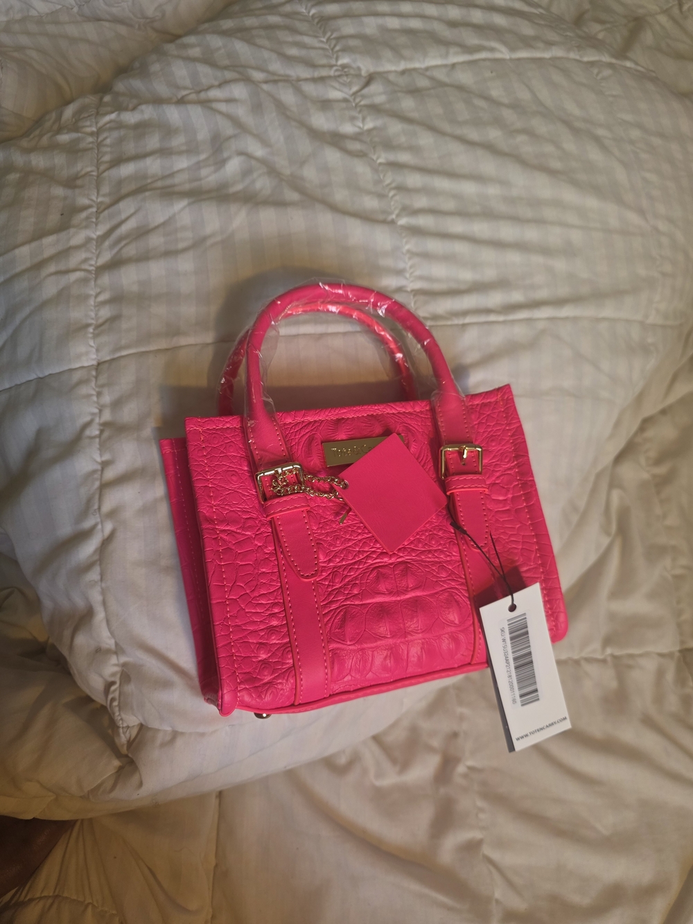 Mini Croc-Embossed Structured Handbag in Hot Pink